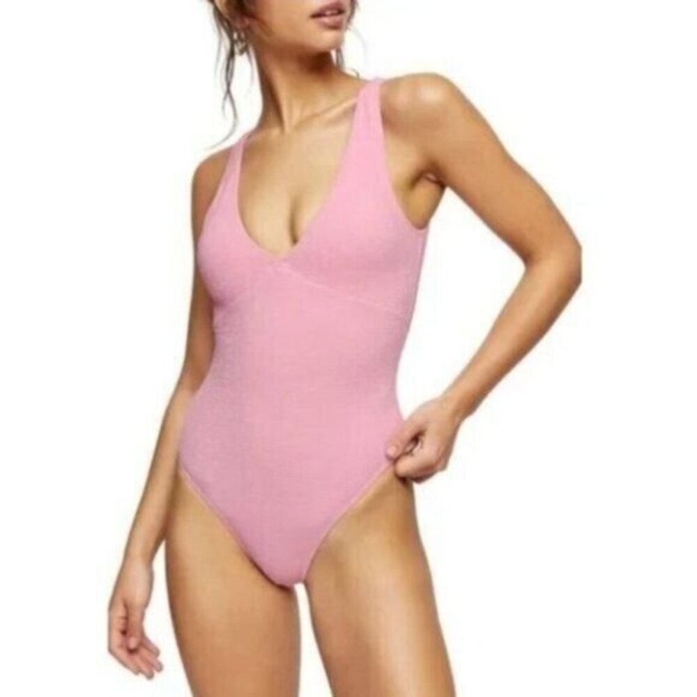 Topshop Pink One Piece Swimsuit Bubble Gum Pink V Neck Plunging SZ 8 NWT